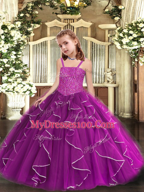 Fashionable Sleeveless Tulle Floor Length Lace Up Little Girls Pageant Dress in Purple with Beading and Ruffles