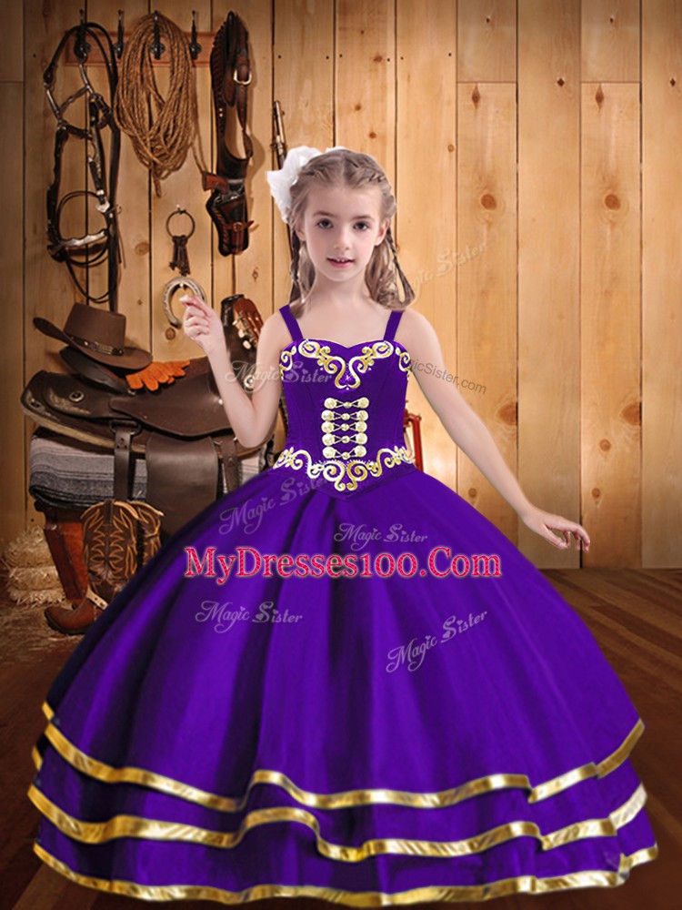 Most Popular Eggplant Purple Ball Gowns Beading and Ruffled Layers Little Girl Pageant Dress Lace Up Organza Sleeveless Floor Length