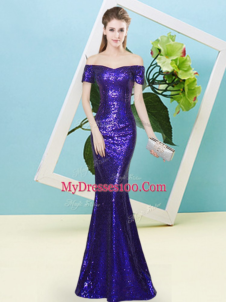 Customized Mermaid Evening Party Dresses Purple Off The Shoulder Sequined Short Sleeves Floor Length Zipper