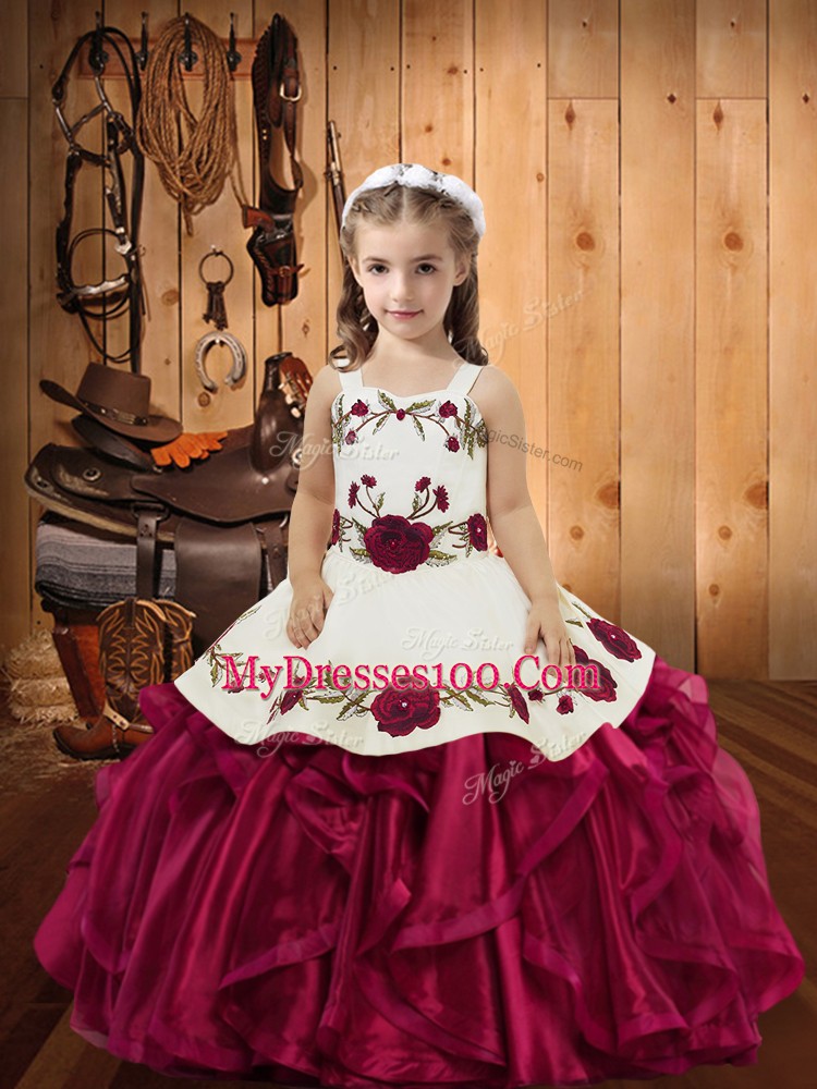 Red Sleeveless Floor Length Embroidery and Ruffles Lace Up Child Pageant Dress