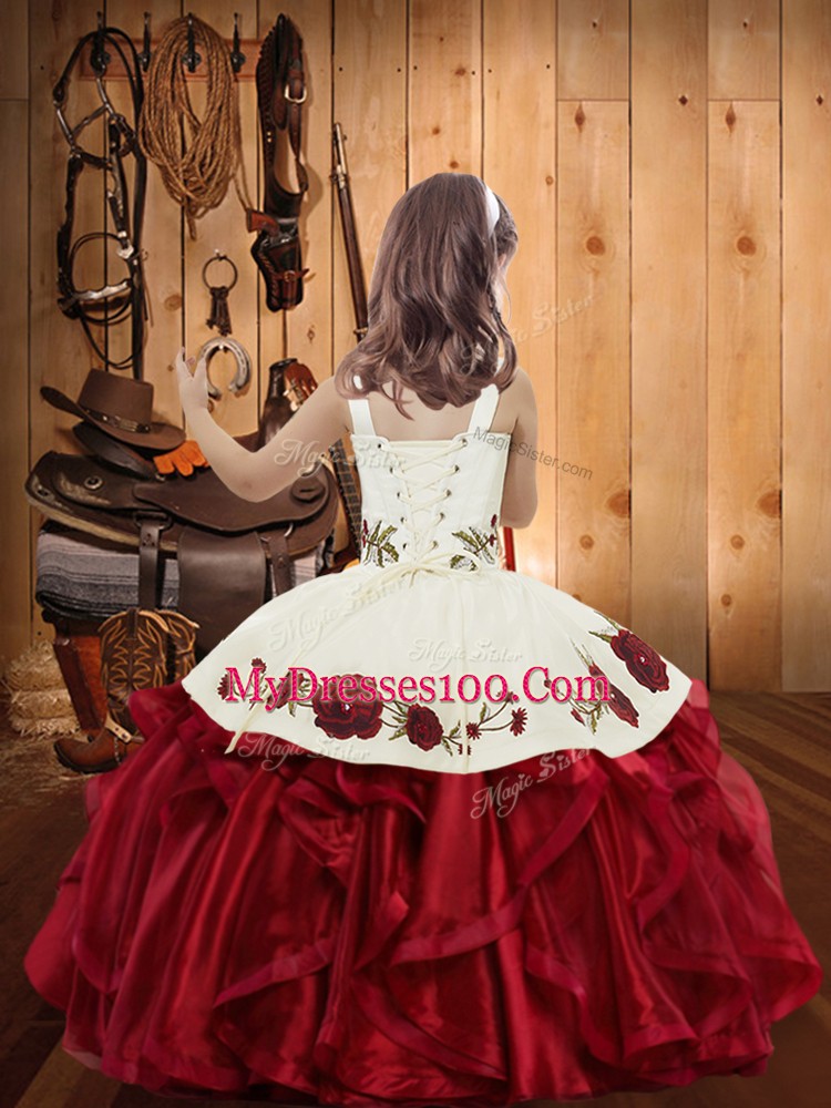 Red Sleeveless Floor Length Embroidery and Ruffles Lace Up Child Pageant Dress