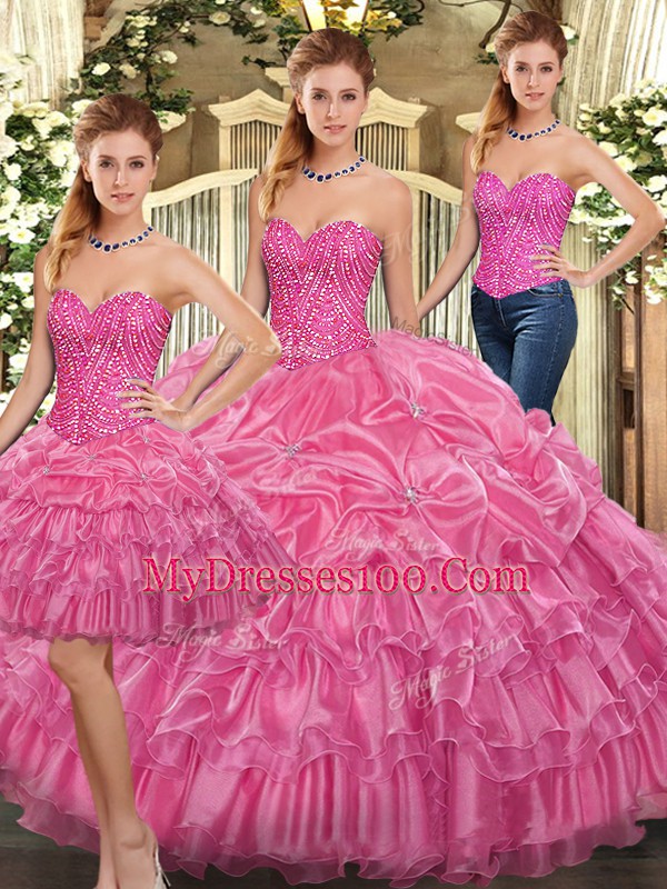 Custom Designed Sleeveless Organza Floor Length Lace Up Vestidos de Quinceanera in Rose Pink with Beading and Ruffles