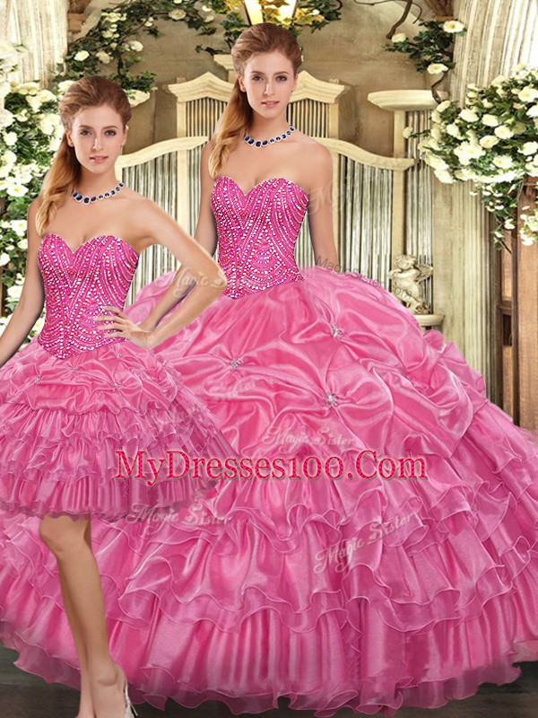 Custom Designed Sleeveless Organza Floor Length Lace Up Vestidos de Quinceanera in Rose Pink with Beading and Ruffles