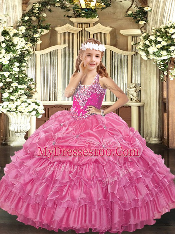 New Style Rose Pink Organza Lace Up V-neck Sleeveless Floor Length Pageant Gowns For Girls Beading and Ruffled Layers and Pick Ups