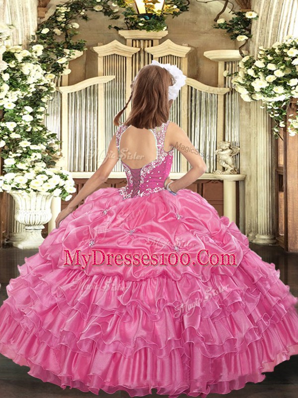 New Style Rose Pink Organza Lace Up V-neck Sleeveless Floor Length Pageant Gowns For Girls Beading and Ruffled Layers and Pick Ups