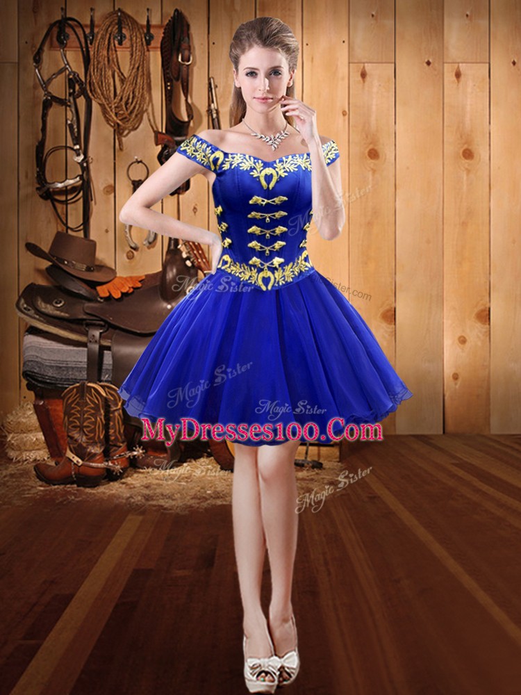 Beauteous Royal Blue Organza Lace Up Party Dress for Toddlers Sleeveless Mini Length Embroidery