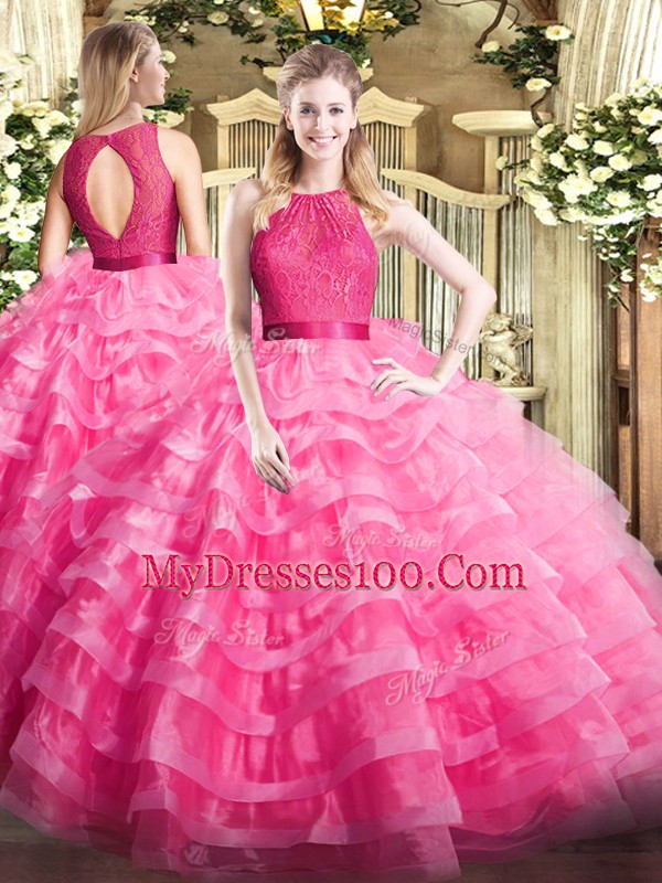 Elegant Floor Length Ball Gowns Sleeveless Hot Pink 15th Birthday Dress Zipper