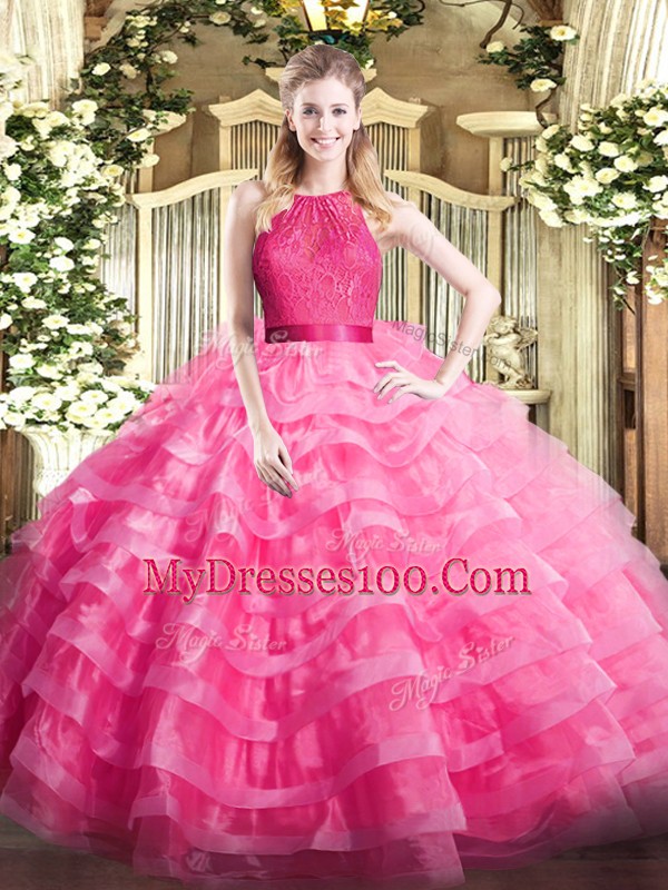 Elegant Floor Length Ball Gowns Sleeveless Hot Pink 15th Birthday Dress Zipper