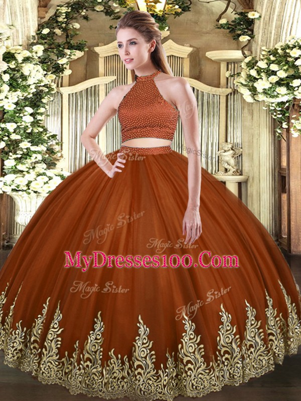 Rust Red Ball Gowns Halter Top Sleeveless Tulle Floor Length Backless Beading and Appliques Quinceanera Gown