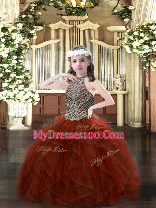 Popular Rust Red Sleeveless Floor Length Beading and Ruffles Lace Up Little Girls Pageant Dress Wholesale
