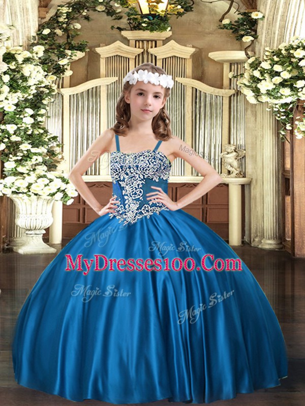 Fashionable Floor Length Lace Up Little Girls Pageant Dress Wholesale Blue for Party and Quinceanera with Appliques