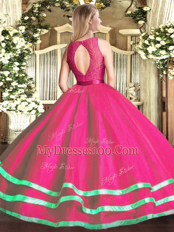 Fuchsia Sleeveless Tulle Zipper 15 Quinceanera Dress for Military Ball and Sweet 16 and Quinceanera