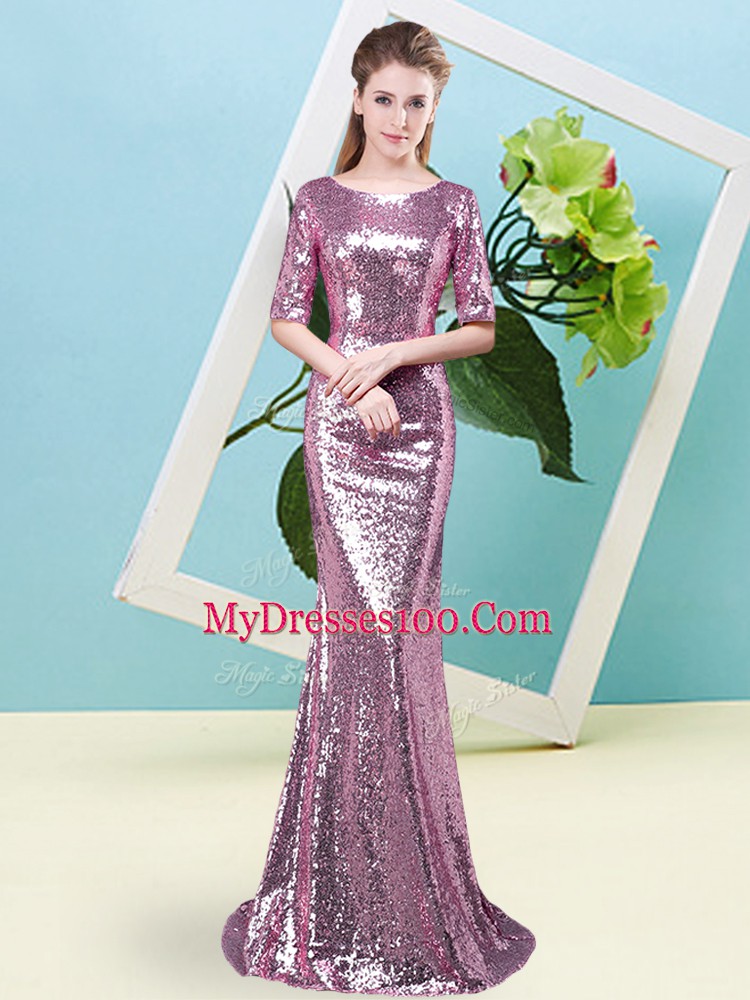 Sequins Prom Dress Fuchsia Zipper Half Sleeves Floor Length