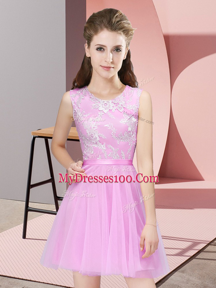 Rose Pink A-line Lace Quinceanera Dama Dress Side Zipper Tulle Sleeveless Mini Length