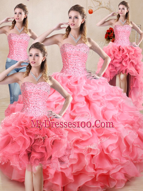 Chic Sleeveless Floor Length Beading and Ruffles and Ruching Lace Up Quinceanera Gowns with Baby Pink