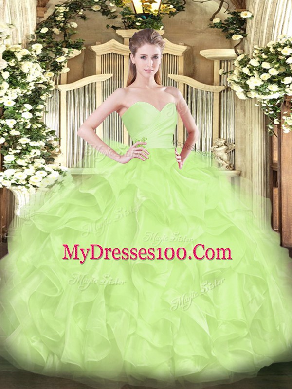 Fantastic Floor Length Lace Up Sweet 16 Dresses Yellow Green for Military Ball and Sweet 16 and Quinceanera with Beading and Ruffles