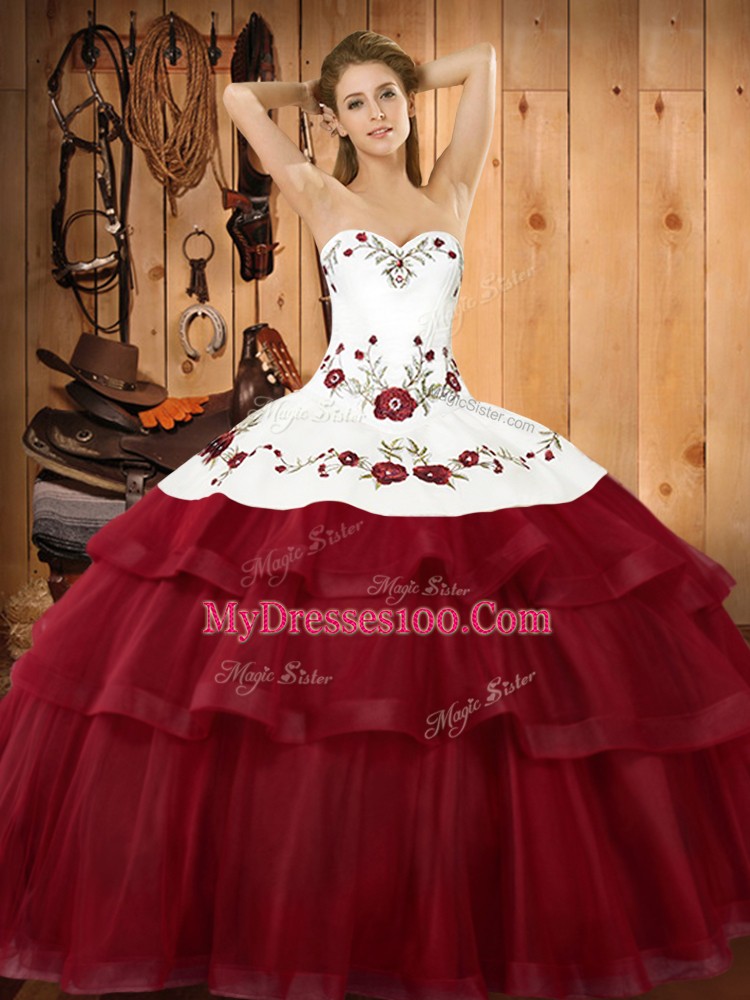 Traditional Wine Red Ball Gowns Organza Sweetheart Sleeveless Embroidery and Ruffled Layers Lace Up Sweet 16 Dresses Sweep Train
