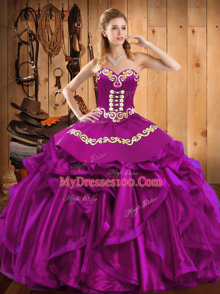 Clearance Ball Gowns Vestidos de Quinceanera Fuchsia Sweetheart Satin and Organza Sleeveless Floor Length Lace Up