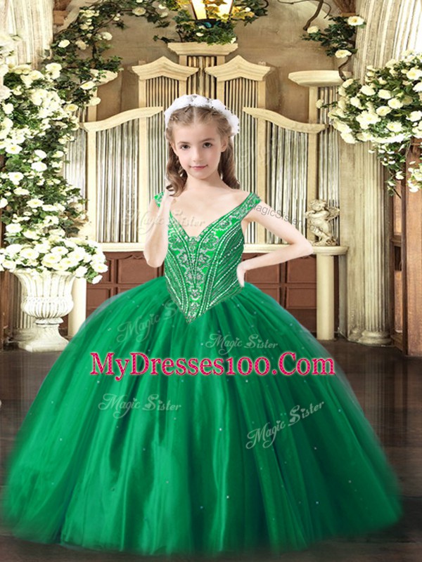 Elegant Green Tulle Lace Up Pageant Dress Sleeveless Floor Length Beading