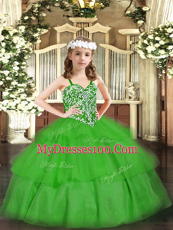 Amazing Straps Sleeveless Lace Up Glitz Pageant Dress Green Organza