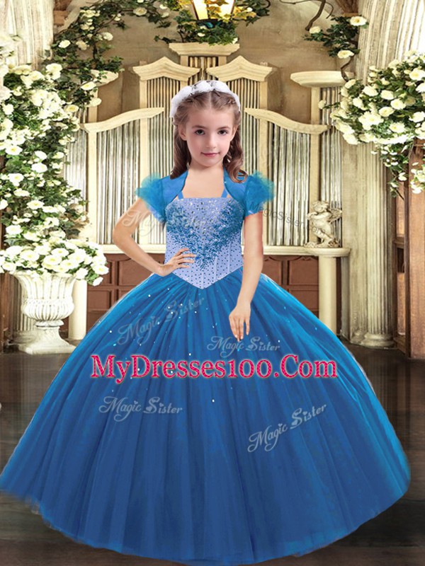 Wonderful Blue Sleeveless Floor Length Beading Lace Up Kids Formal Wear