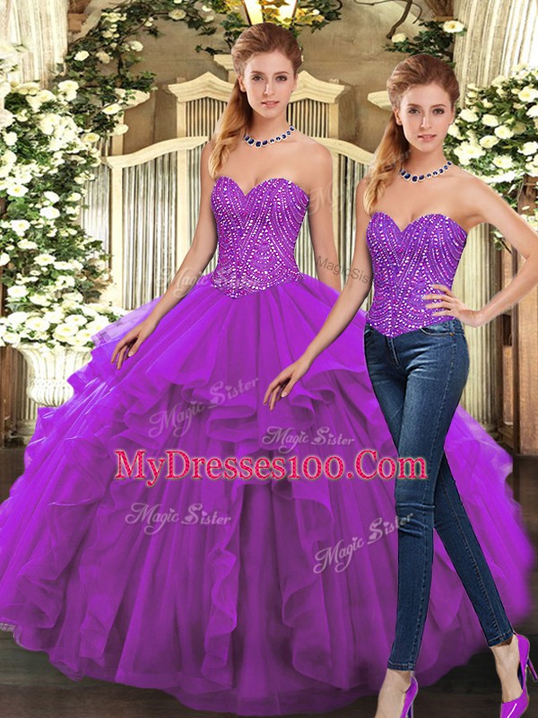 Sweet Sleeveless Floor Length Beading and Ruffles Lace Up Quinceanera Dresses with Purple