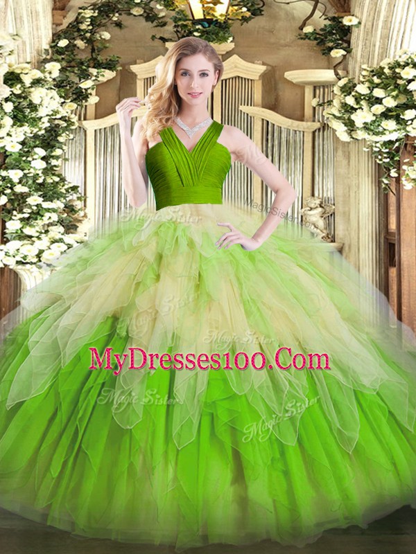 Multi-color Organza Zipper V-neck Sleeveless Floor Length 15th Birthday Dress Ruffles