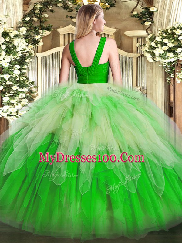 Multi-color Organza Zipper V-neck Sleeveless Floor Length 15th Birthday Dress Ruffles