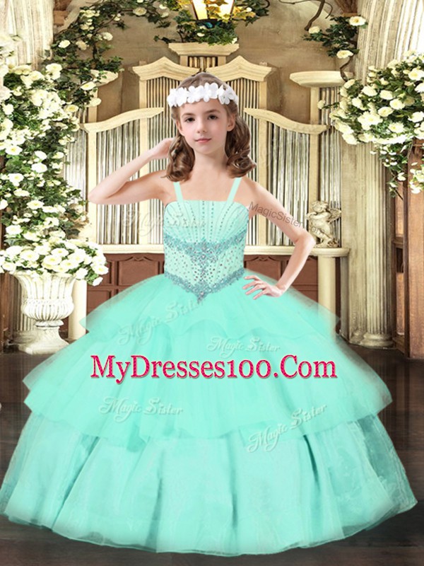 Organza Straps Sleeveless Lace Up Beading and Ruffled Layers Little Girl Pageant Gowns in Apple Green
