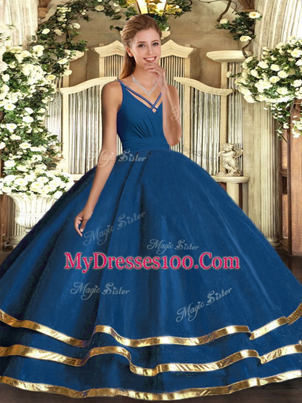 Flirting Blue Sleeveless Ruffled Layers Floor Length Quince Ball Gowns