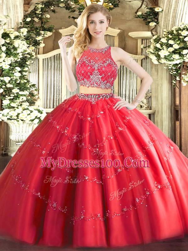 Hot Selling Red Zipper Quinceanera Gown Beading Sleeveless Floor Length