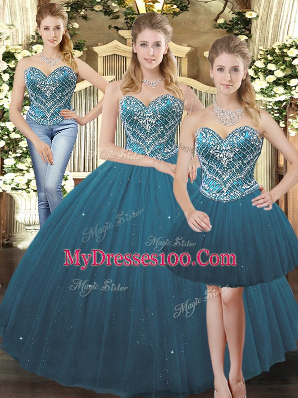 Teal Sweet 16 Dresses Military Ball and Sweet 16 and Quinceanera with Beading Sweetheart Sleeveless Lace Up
