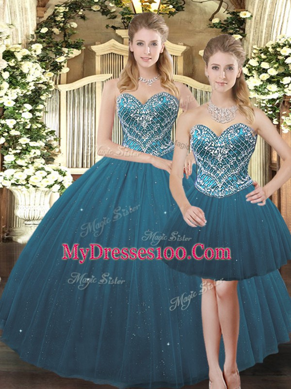 Teal Sweet 16 Dresses Military Ball and Sweet 16 and Quinceanera with Beading Sweetheart Sleeveless Lace Up