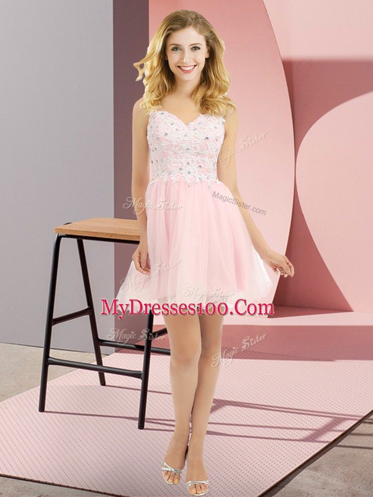 Charming Beading and Lace Vestidos de Damas Baby Pink Lace Up Sleeveless Mini Length