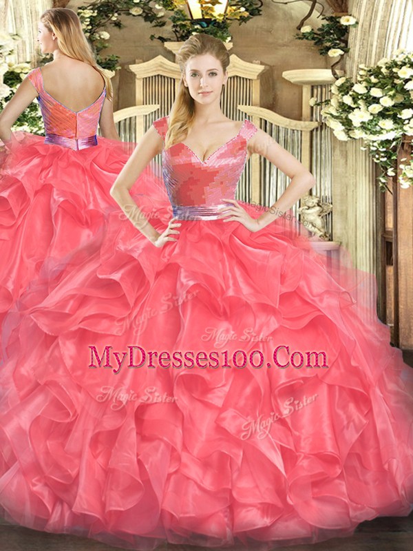 Sleeveless Zipper Floor Length Beading and Ruffles Quinceanera Gown