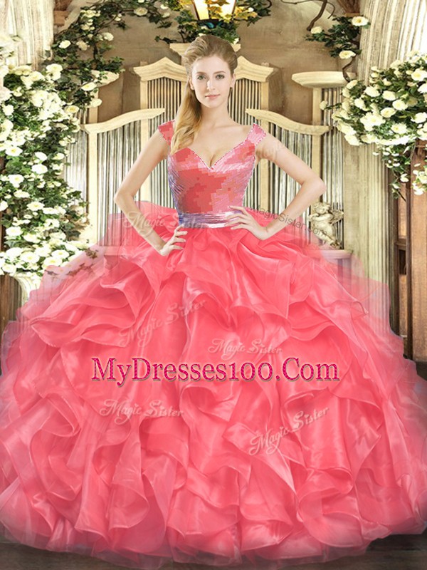 Sleeveless Zipper Floor Length Beading and Ruffles Quinceanera Gown