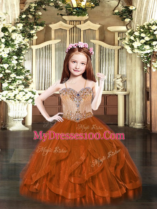 Floor Length Lace Up Little Girls Pageant Dress Wholesale Rust Red for Party with Beading and Ruffles