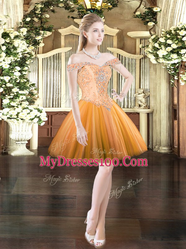 Mini Length Orange Red Party Dress for Girls Off The Shoulder Sleeveless Lace Up
