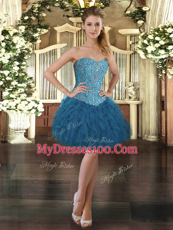 High End Sweetheart Sleeveless Prom Gown Mini Length Beading and Ruffles Blue Tulle