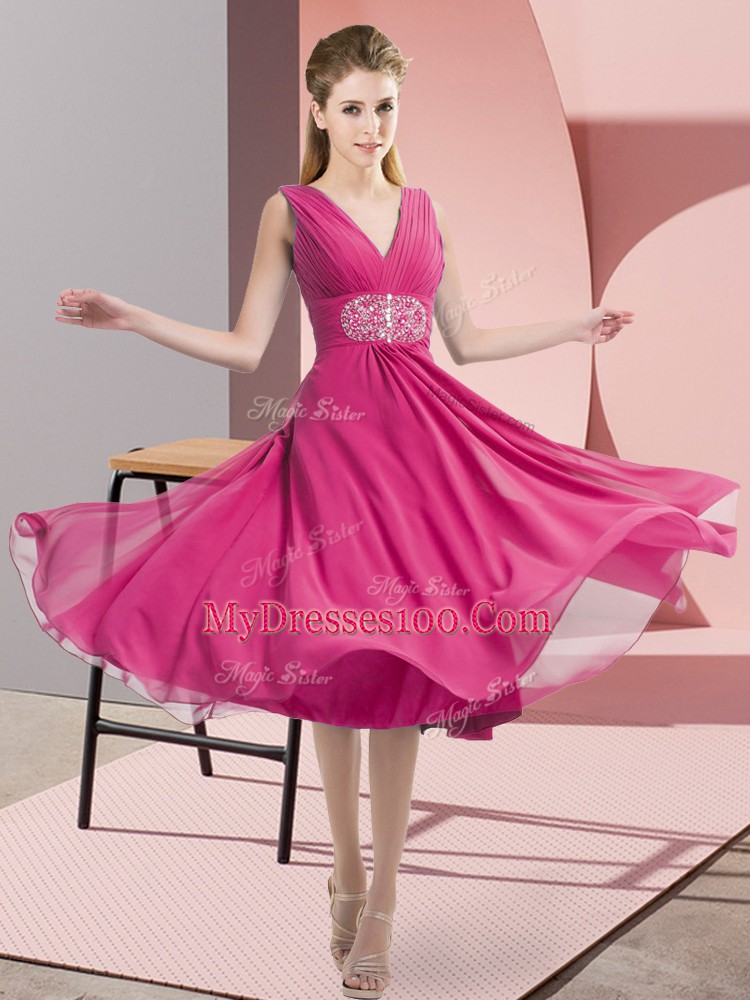 Hot Pink V-neck Side Zipper Beading Quinceanera Court of Honor Dress Sleeveless