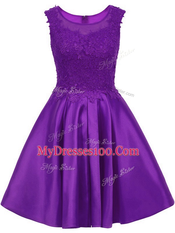 Captivating Purple Satin Zipper Wedding Party Dress Sleeveless Mini Length Lace