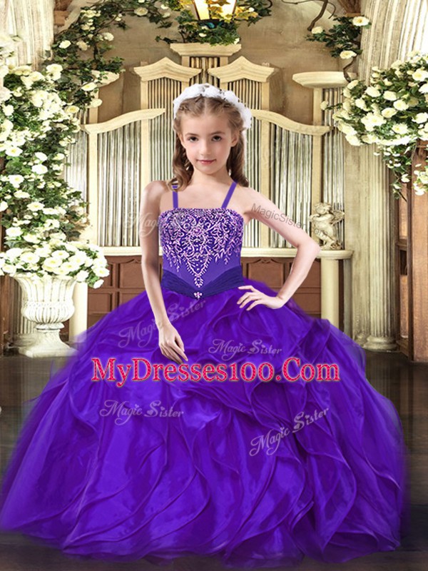 Customized Sleeveless Floor Length Beading and Ruffles Lace Up Girls Pageant Dresses with Purple