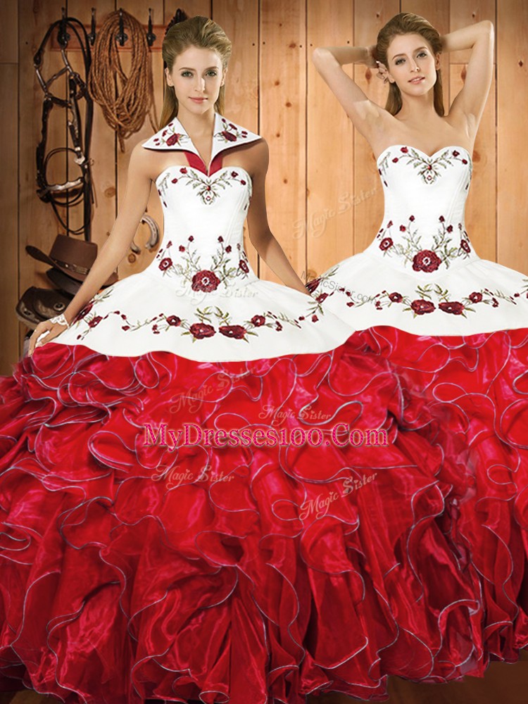 Sumptuous White And Red Halter Top Neckline Embroidery and Ruffles Quinceanera Dress Sleeveless Lace Up