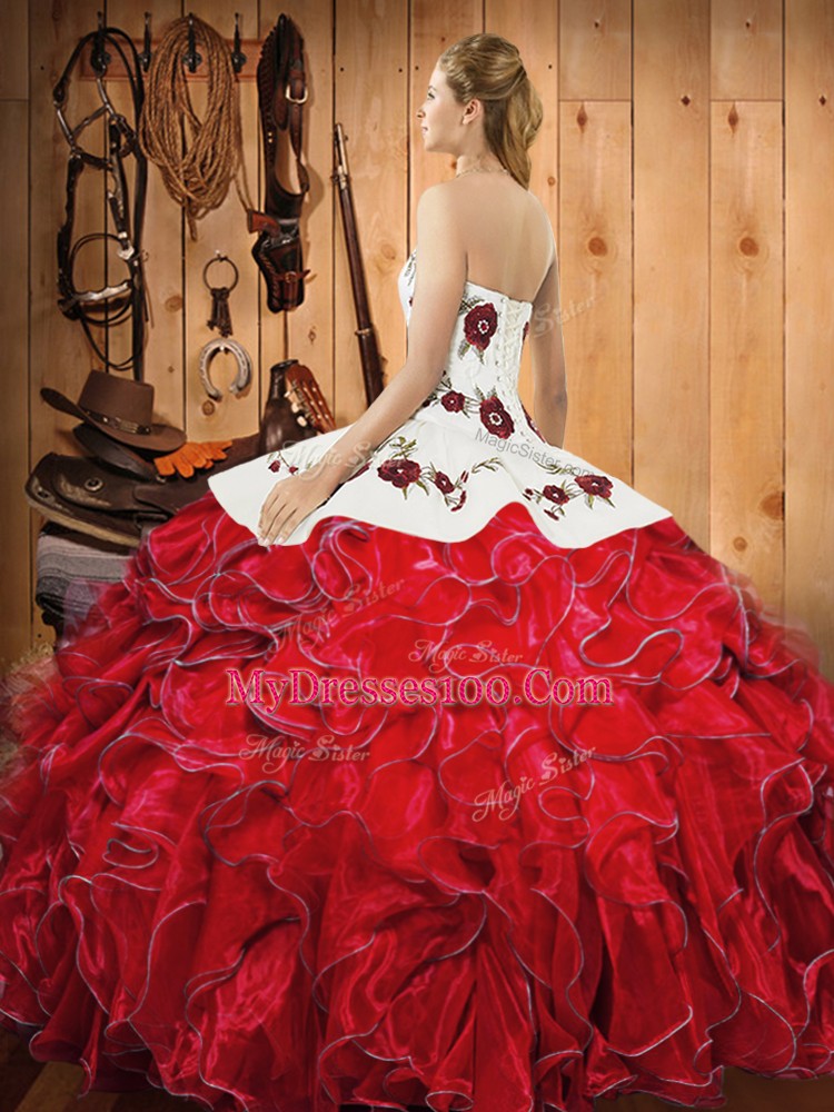 Sumptuous White And Red Halter Top Neckline Embroidery and Ruffles Quinceanera Dress Sleeveless Lace Up