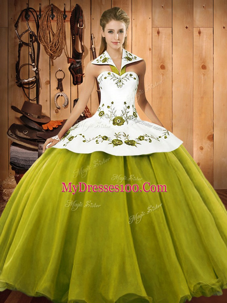 Latest Ball Gowns Quinceanera Gowns Olive Green Halter Top Satin and Tulle Sleeveless Floor Length Lace Up
