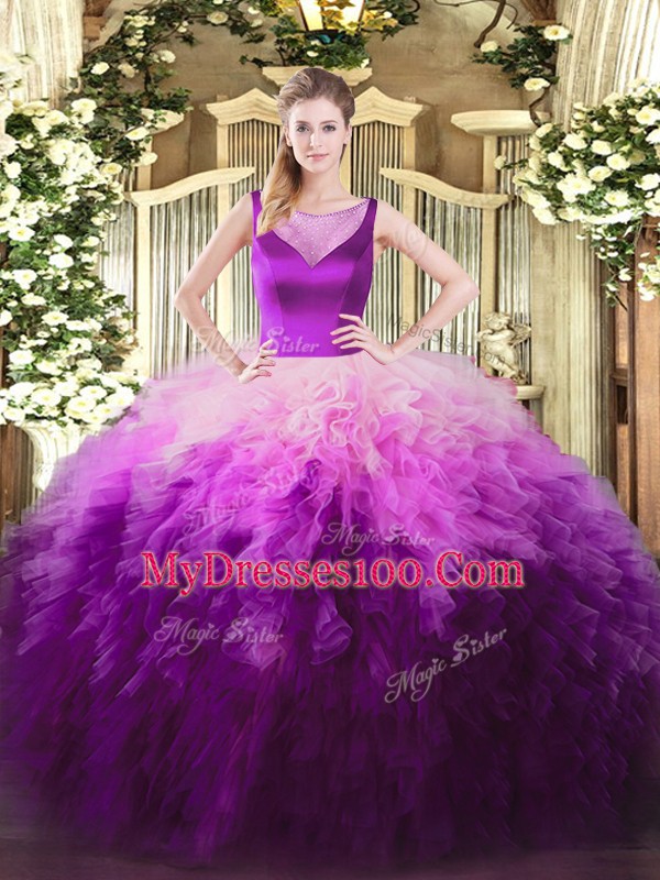 Multi-color Quince Ball Gowns Sweet 16 and Quinceanera with Beading and Ruffles Scoop Sleeveless Zipper