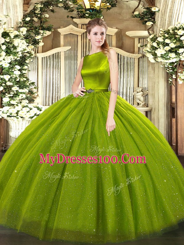 Fancy Olive Green Clasp Handle Scoop Belt Sweet 16 Dress Tulle Sleeveless