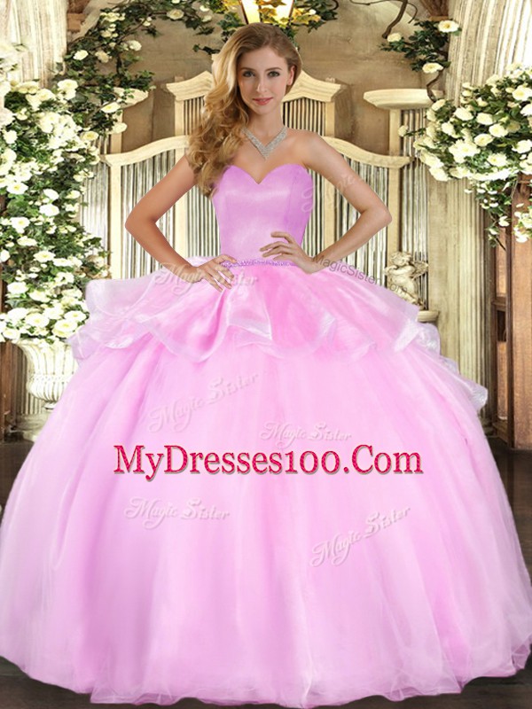 Pink Lace Up Sweetheart Beading and Ruffles 15th Birthday Dress Organza Sleeveless