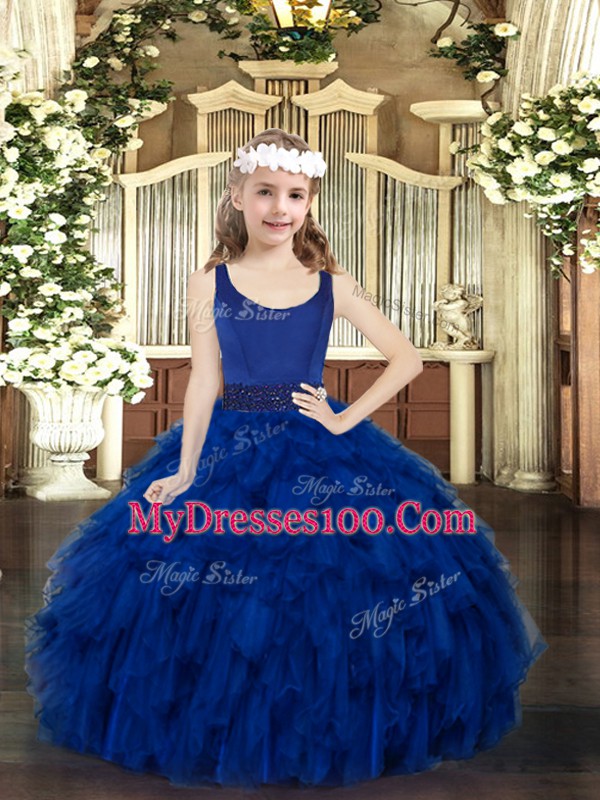 Royal Blue Organza Zipper Scoop Sleeveless Floor Length High School Pageant Dress Beading and Ruffles