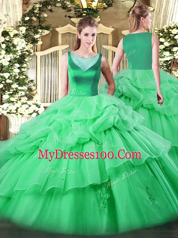 Cute Floor Length Apple Green Quinceanera Dress Organza Sleeveless Beading and Appliques and Pick Ups